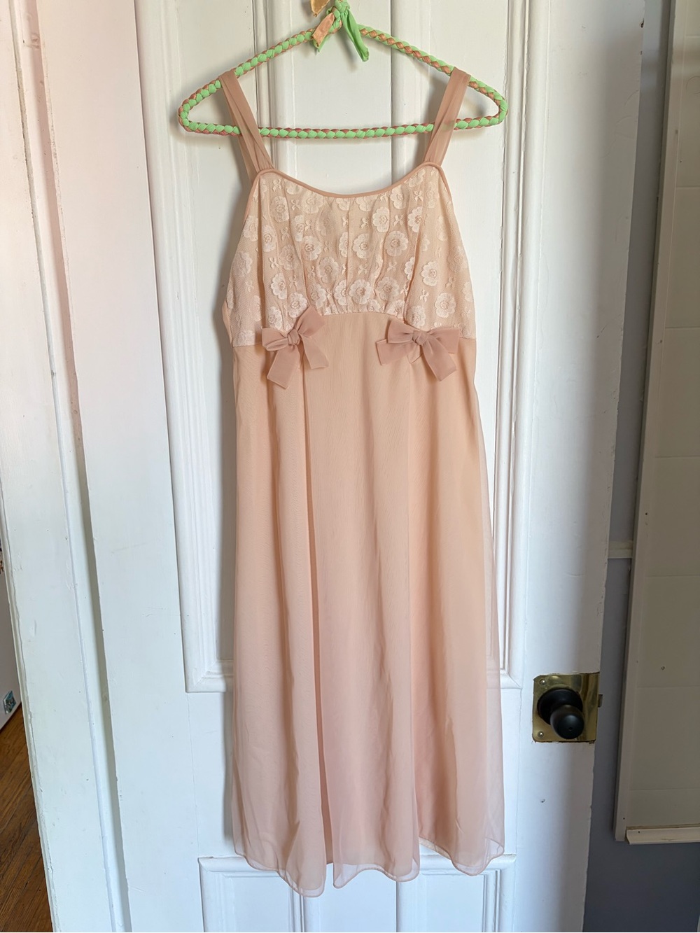 Vintage Dusty Rose Nylon Chemise Nightgown with Lace Bodice and Bows